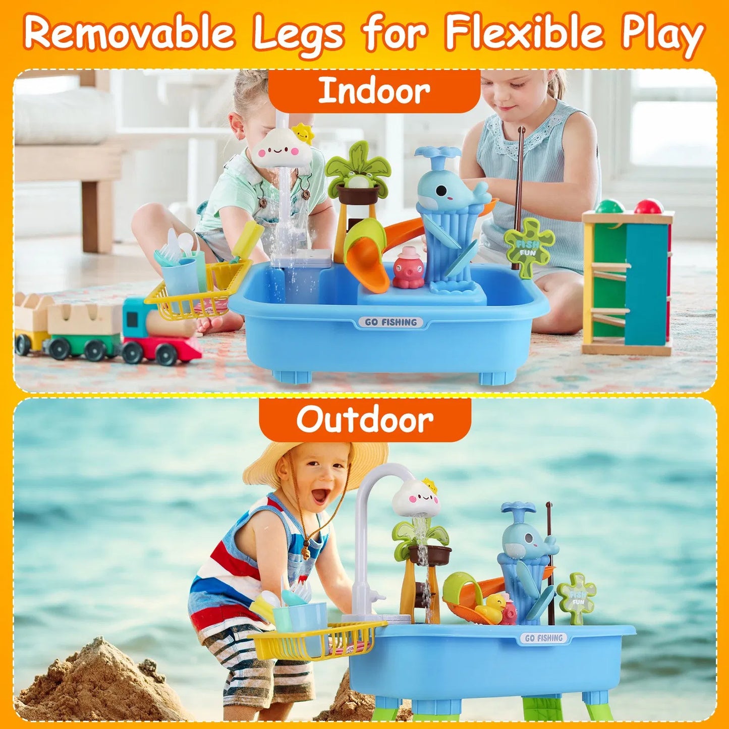 3-in-1 Kids Water Table with Electric Faucet & Fishing Game