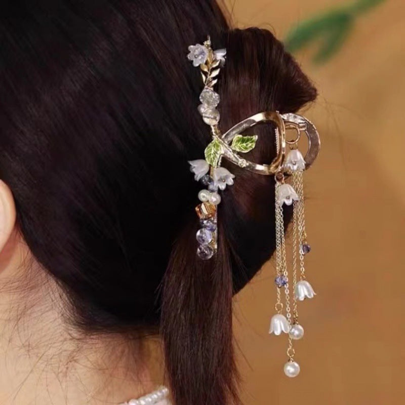 Antique Metal Hair Clip with Tassel & Pearl Detail