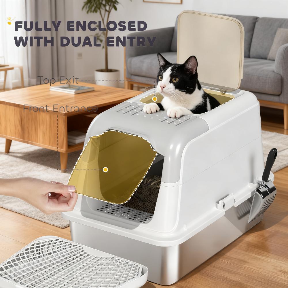 Enclosed Cat Litter Box with Scoop & Deodorizer Bag - Gray & White