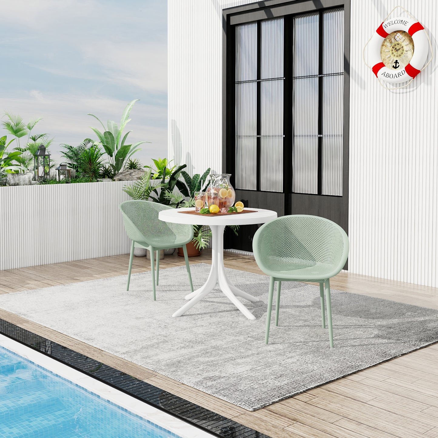 Modern Pale Green Lounge Chairs & Round Table Set - 2-Pack