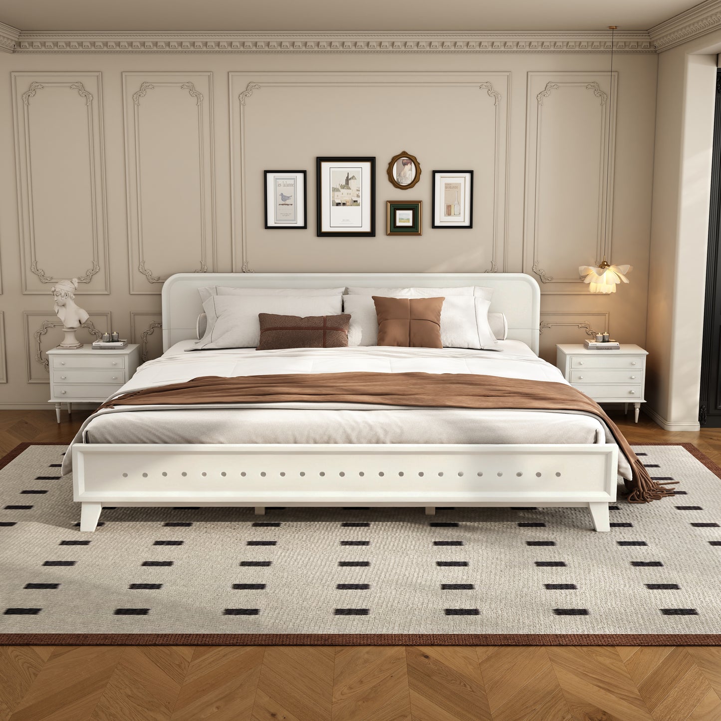 Pine Solid Wood King Size Bed - No Box Spring Needed, White