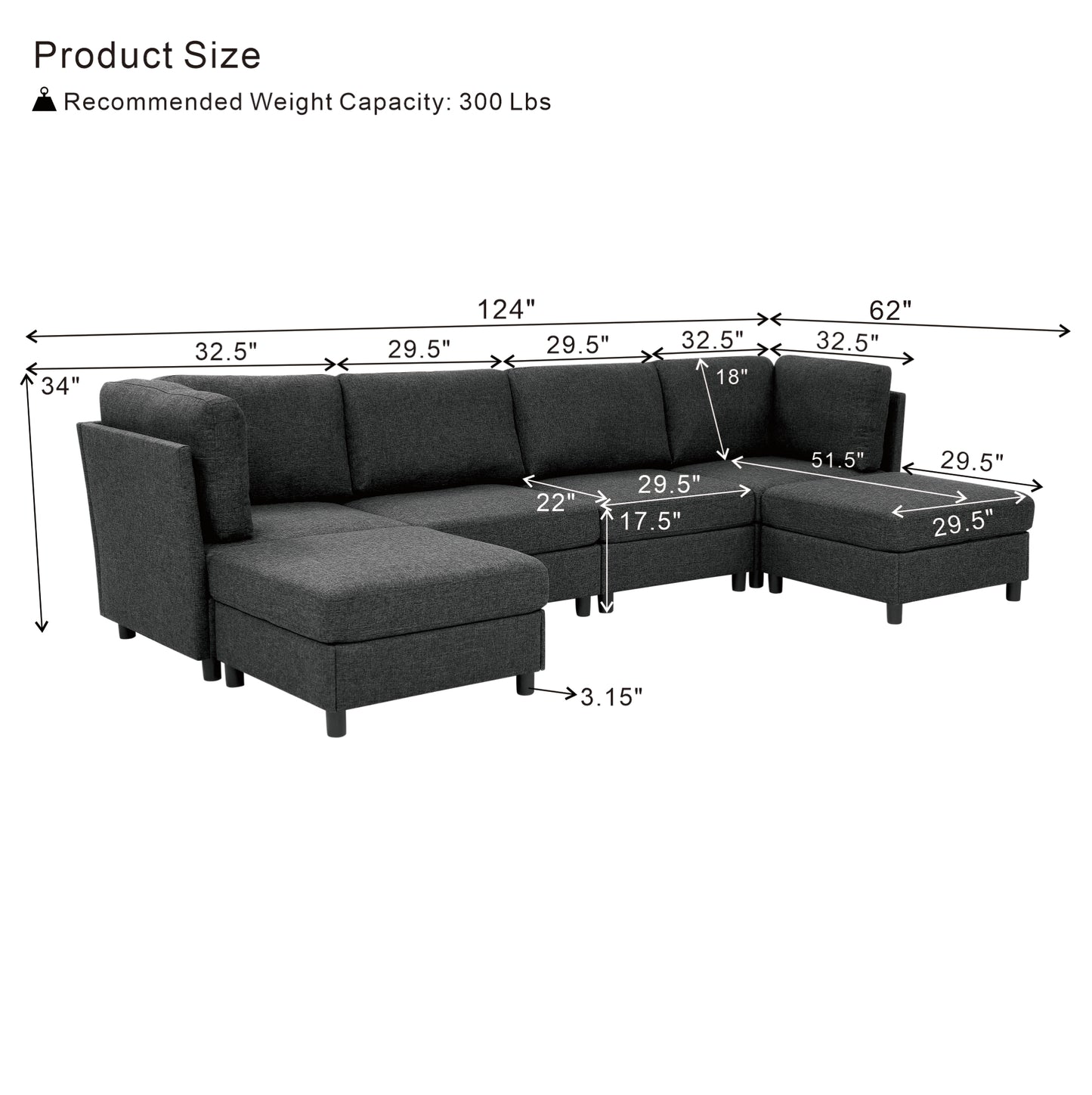 Modular Corner Sofa - Dark Grey Soft Upholstery for Living Room
