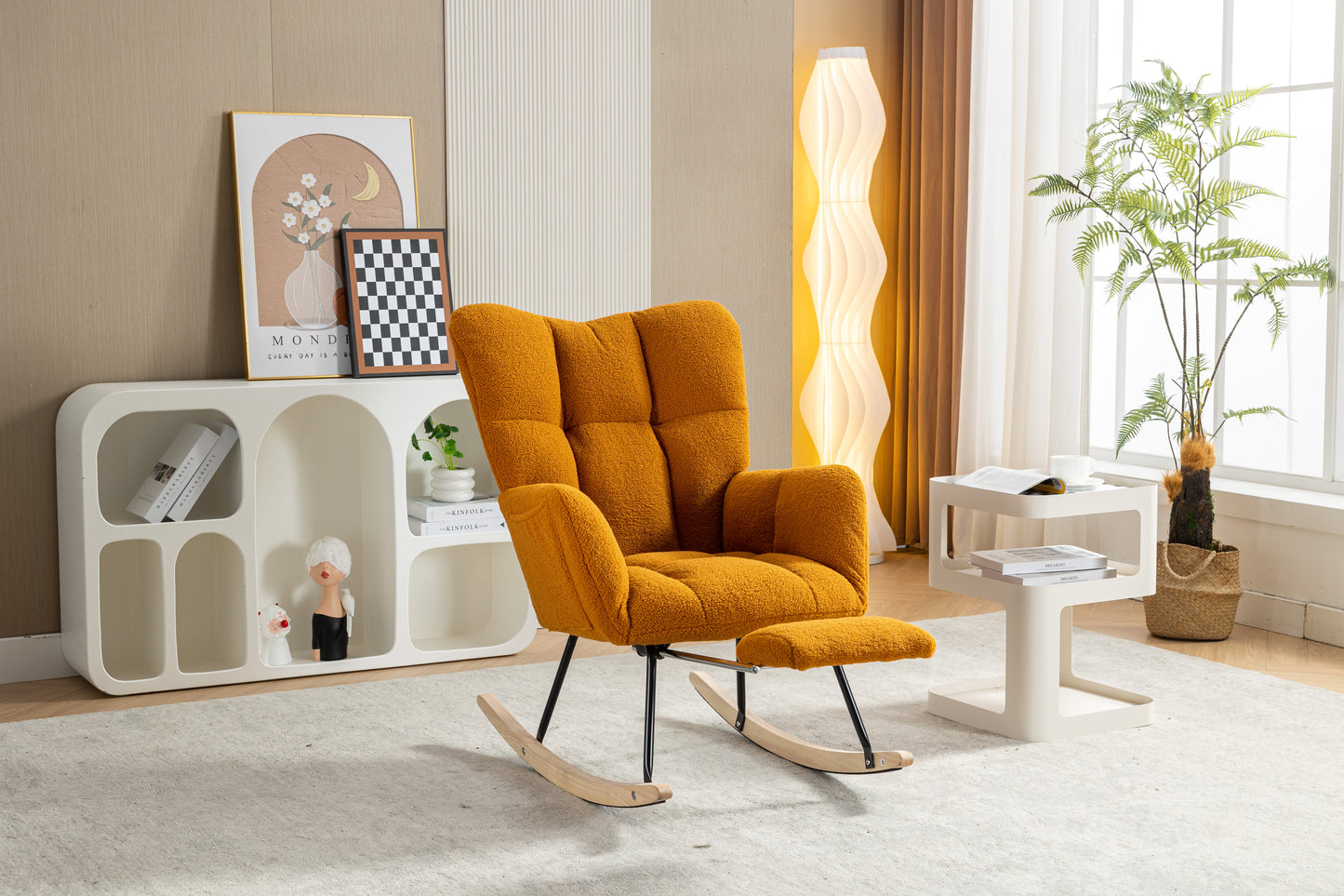 Teddy Fabric Rocking Chair with Adjustable Footstool - Caramel