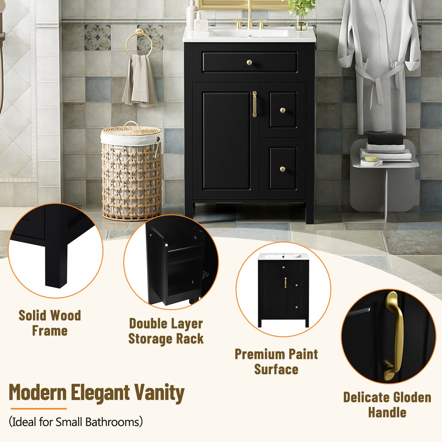 24-Inch Bathroom Vanity with Ceramic Sink and Soft Close Doors - Black