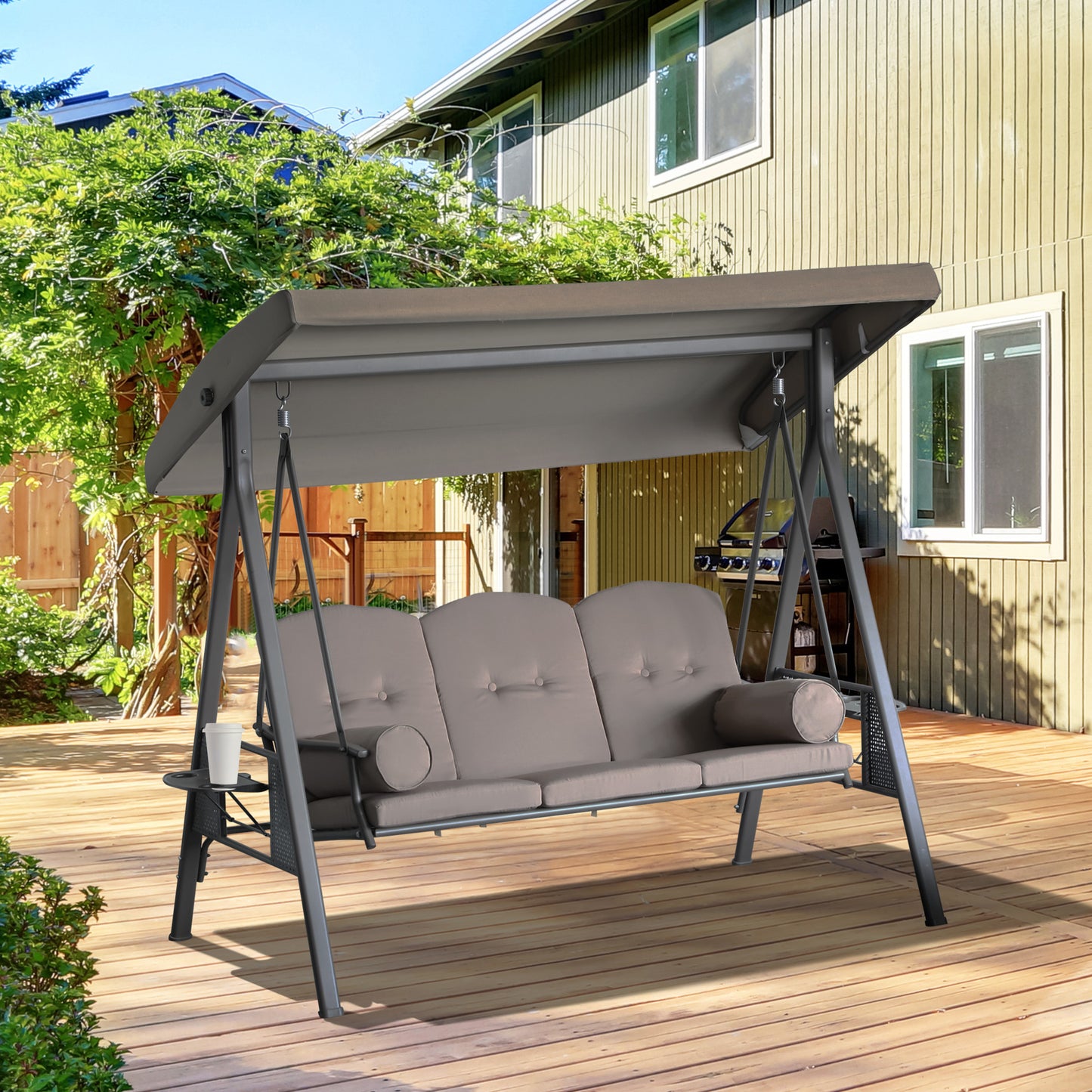 3-Person Steel Canopy Patio Swing Bench with Cushions - Brown
