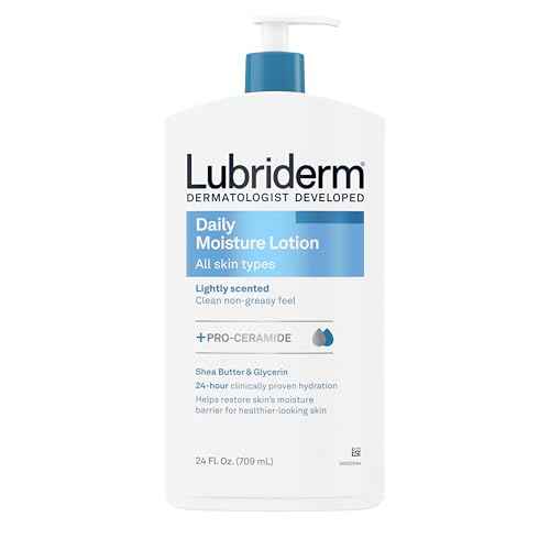 Lubriderm Daily Moisture Lotion + Pro-Ceramide, Shea Butter & Glycerin, Hydrating Face, Hand & Body Lotion, 24-hour Moisturizer for Dry Skin, Paraben & Dye Free, Scented, Non-Greasy, 24 FL OZ