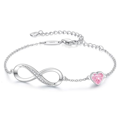 CDE Infinity Heart Birthstone Charm Link Bracelet for Women 925 Sterling Silver Adjustable Mother's Day Gift Anniversary Birthday Jewelry for Wife Girlfriend Her