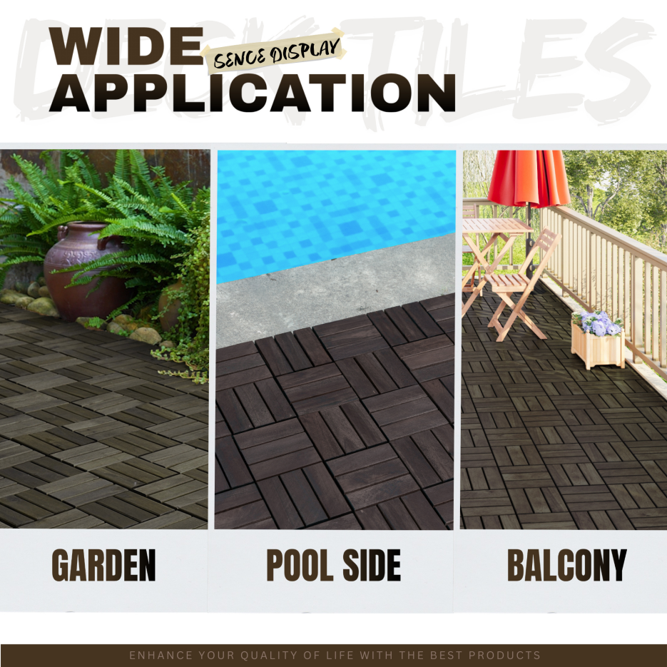 Outdoor Interlocking Deck Tiles - 10-Pack Acacia Wood Square Flooring for Patio & Poolside, Waterproof & Anti-Mildew, Dark Brown