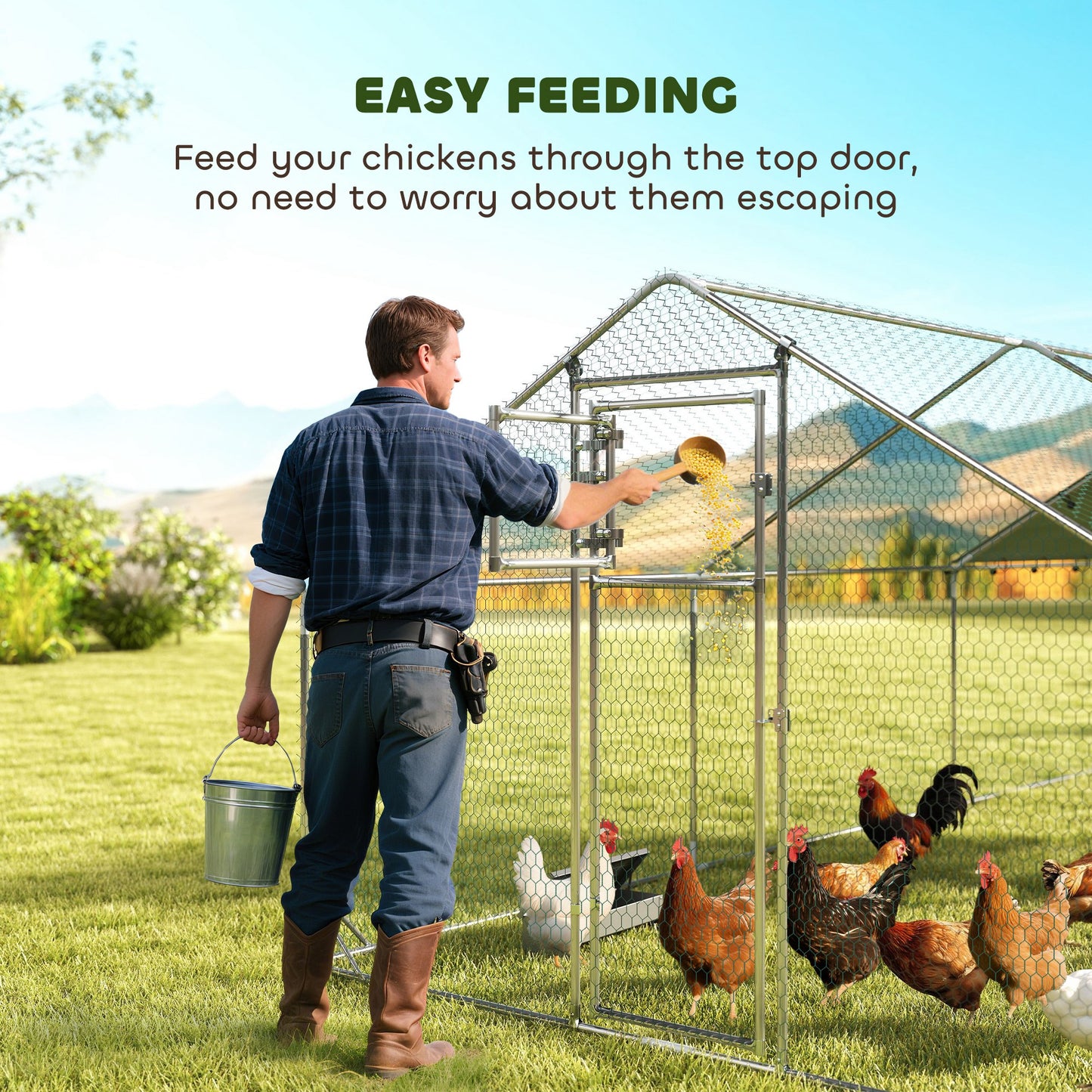 Metal Chicken Run with Waterproof Cover, Feeding Door & Hanging Feeder - Fits 18-24 Chickens, Silver 1980x380x180 mm