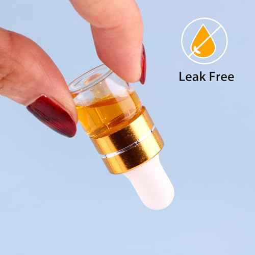 100 Pack 1ml Clear Glass Dropper Bottles with 4 Pcs Plastic Droppers, Mini Sample Dropper Bottles for Essential Oils Perfume Cosmetic Liquid, Empty Travel Sample Vials with Gold Cap