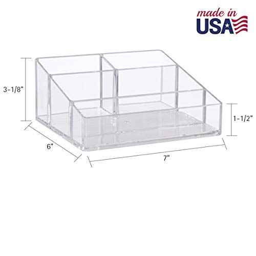 STORi Clear Plastic Small Countertop Vanity Makeup Organizer, Compact Rectangular 4-Compartment Holder for Brushes, Eyeshadow Palettes, & Beauty Supplies, Made in USA