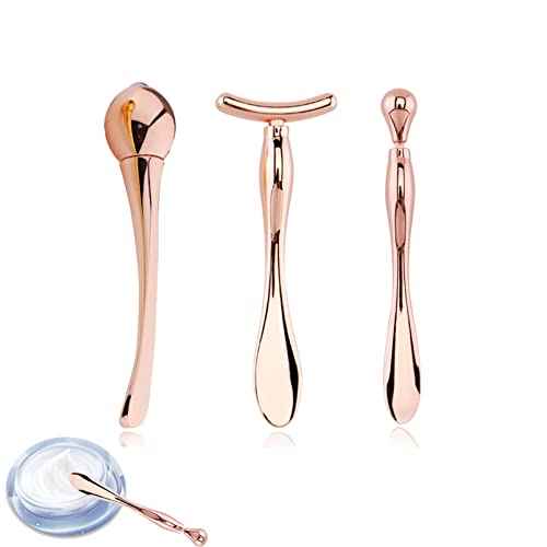 BetterJonny 3Pcs Metal Eye Cream Applicator Roller Wand Stick, Cosmetics Spoon Eye Cream Massager Wand Girls Women Facial Massager for Fatigue Relief Reduce Puffiness (Rose Gold)