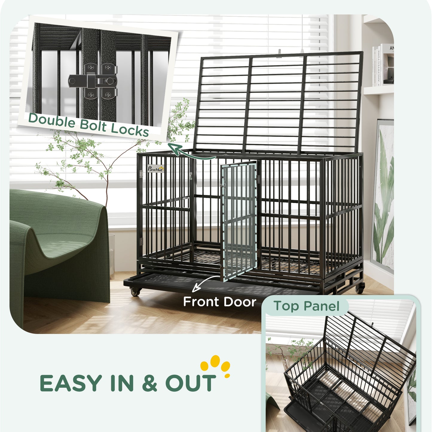 Heavy Duty Metal Dog Crate 48 Inch with Lockable Wheels & Double Doors