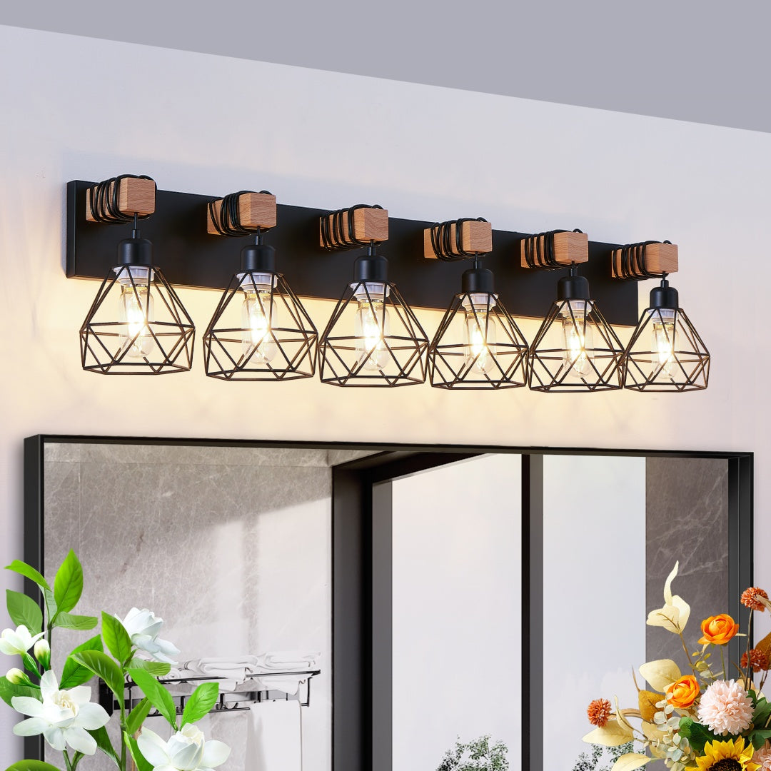 Modern 6-Light Vanity Light Fixture - Black Metal & Wood Accents
