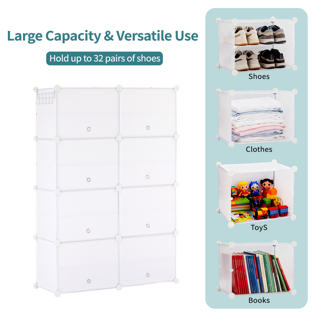 8-Layer Shoe Storage Cabinet with Doors - White, Stackable
