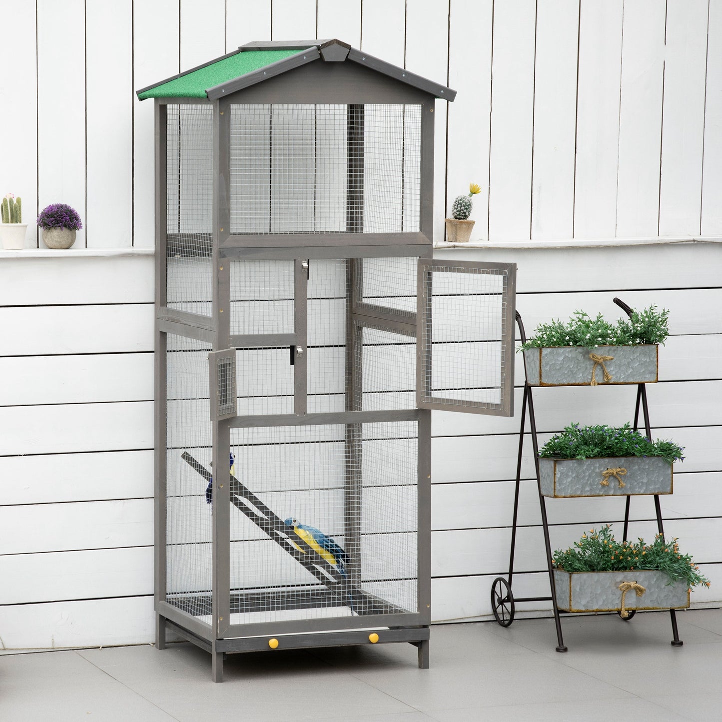 65-Inch Outdoor Wooden Bird Cage for Parrots & Small Birds with Pull-Out Tray - Grey