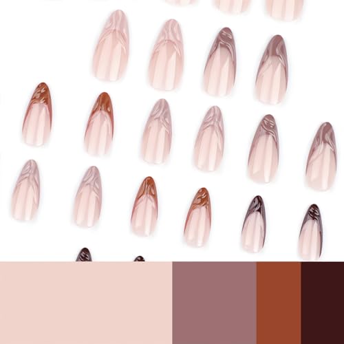 SINHOT Press on Nails Medium Almond Fake Nails Glossy Glue on Nails 3D Brown Chrome Acrylic Nails Stiletto Artificial Nails French Tip Stick on False Nails with Design 24 pcs