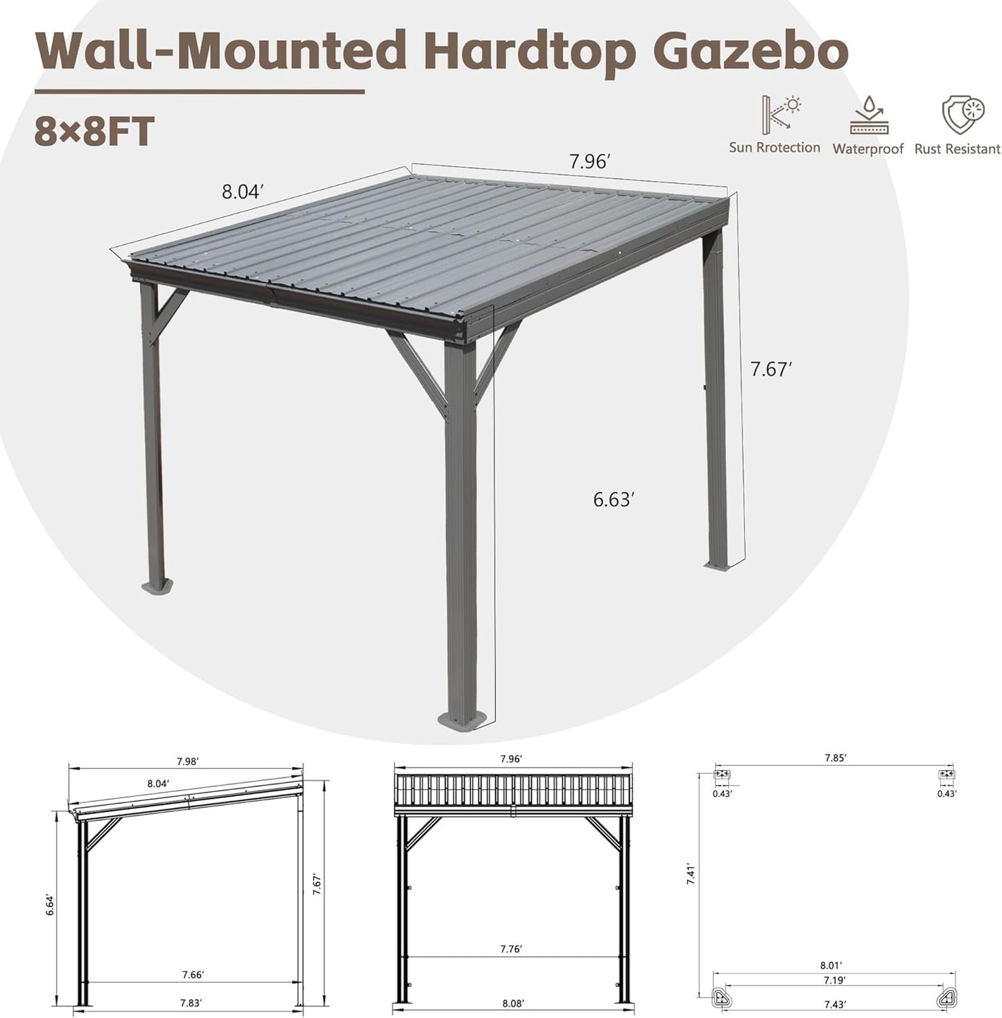 8x8 Lean To Gazebo with Galvanized Steel Sloped Roof Wall-Mounted Patio Cover Gray
