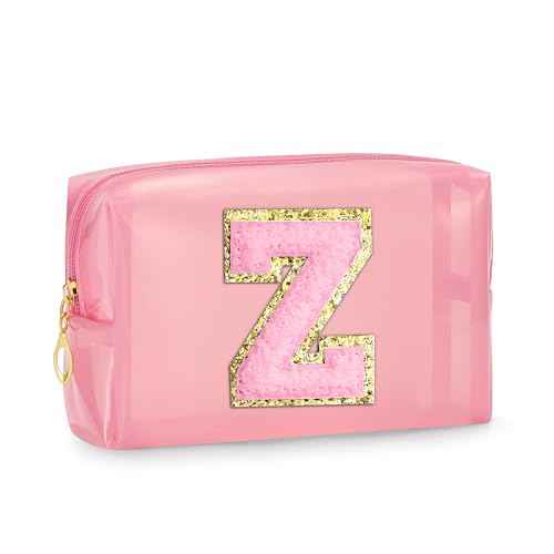 Clear Makeup Bag for Women - Small Personalized Initial Cosmetic Bags A-Z Chenille Letter Make up Pouch Waterproof Toiletry Bag Travel Accessories Gifts for Women Christmas Gifts (Pink Z)