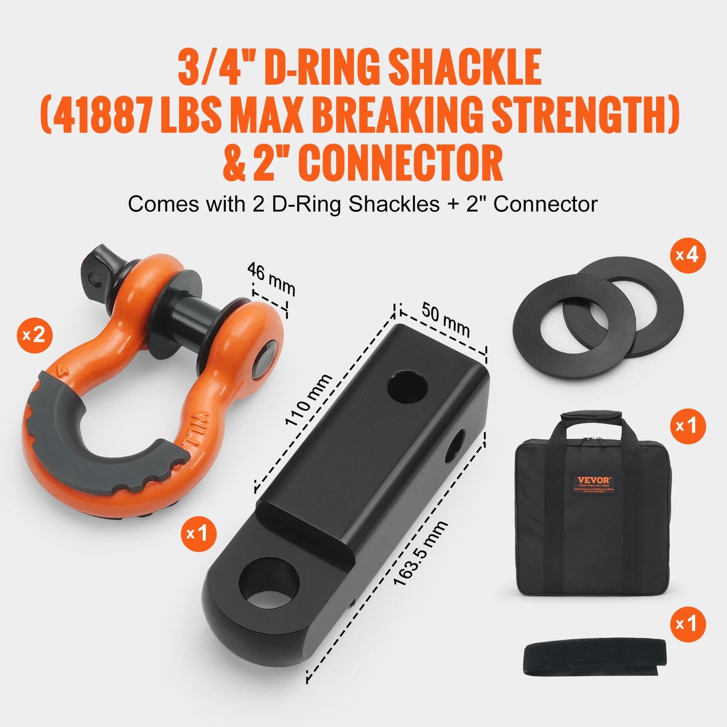 Heavy Duty Tow Strap Kit 36,000 lbs Winch Strap with D-Rings & Shackle - 30ft Orange
