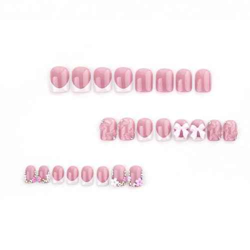 24Pcs French Tip Press on Nails with Pink Camellia Rhinestones Flash Short Square French Nails Press ons Cute Bow Sparkly False Nails Gel Glue on Nails Stick on Nails Flower Nails for Women Girls
