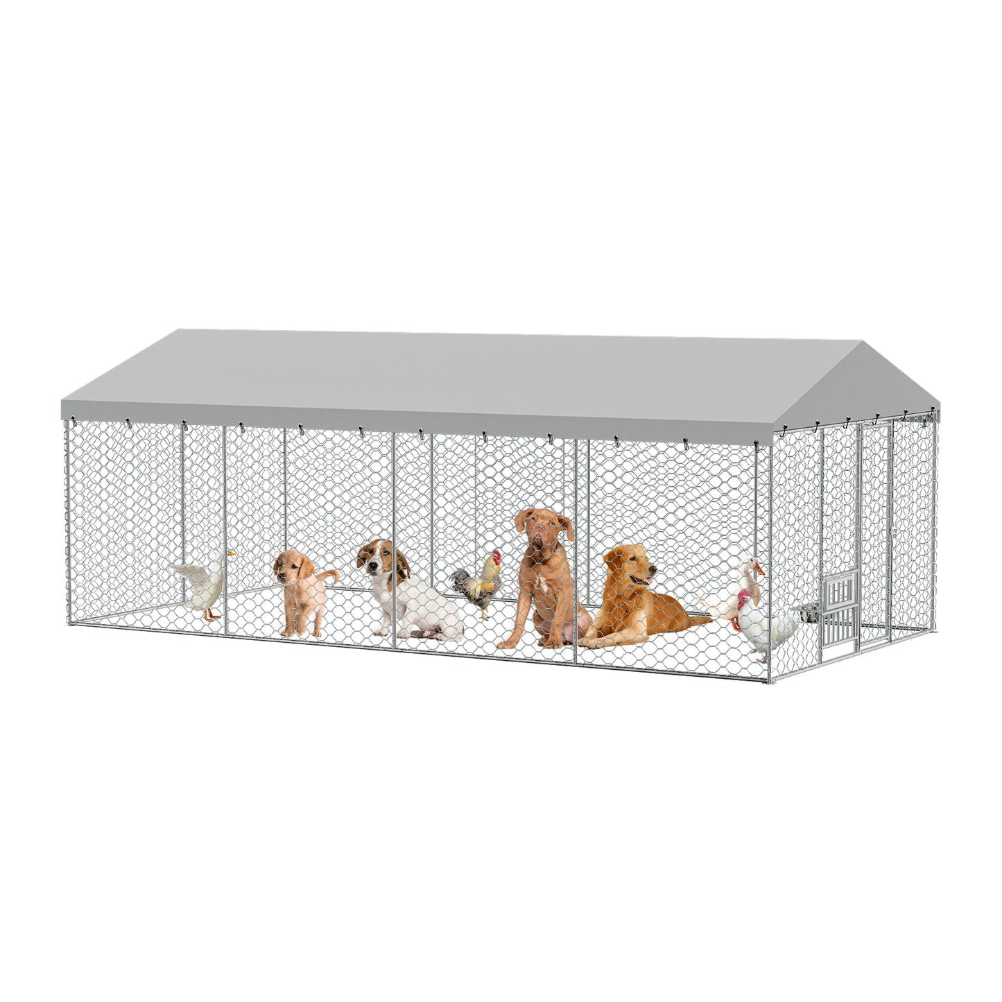 Large Outdoor Dog Kennel with Canopy - Heavy Duty Galvanized Steel Frame, Waterproof Cover, Elevated Feeders, Escape-Proof Lock - 20x10 ft