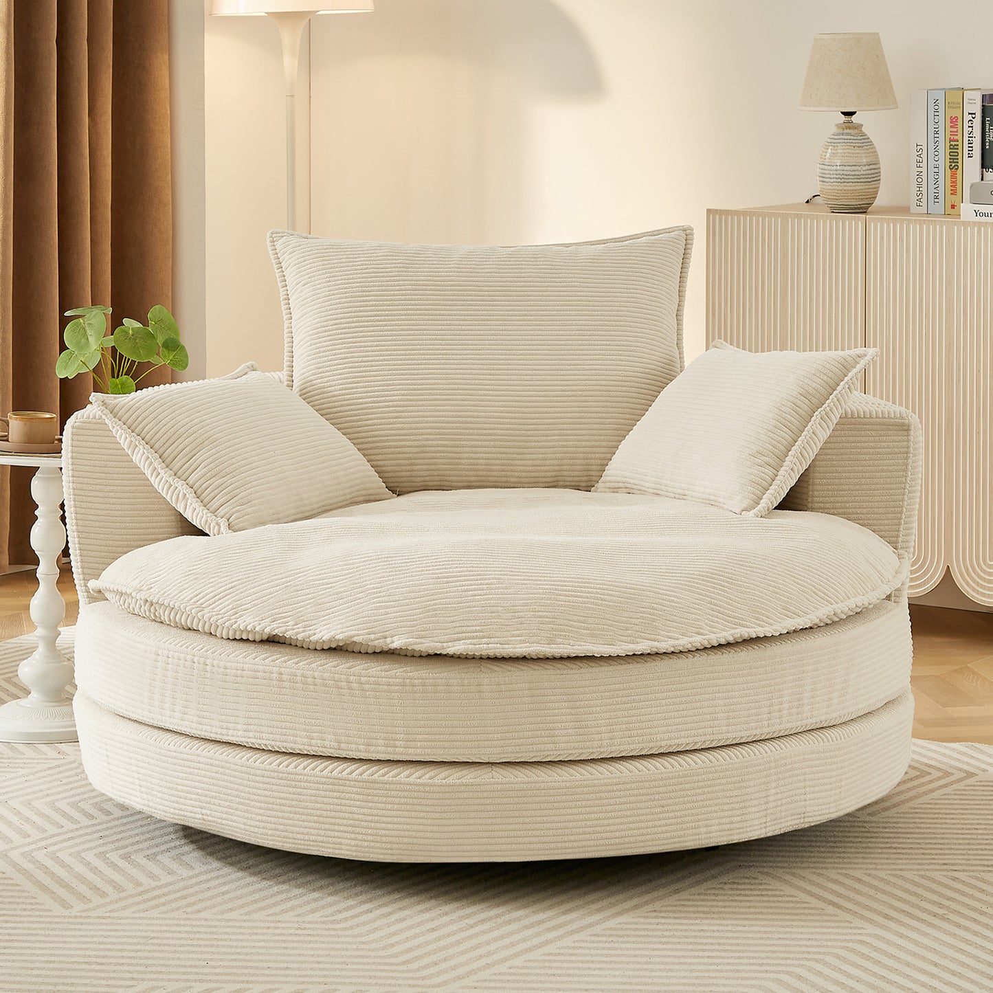 Oversized 360° Swivel Accent Chair with Dual-Layer Cushion - Beige