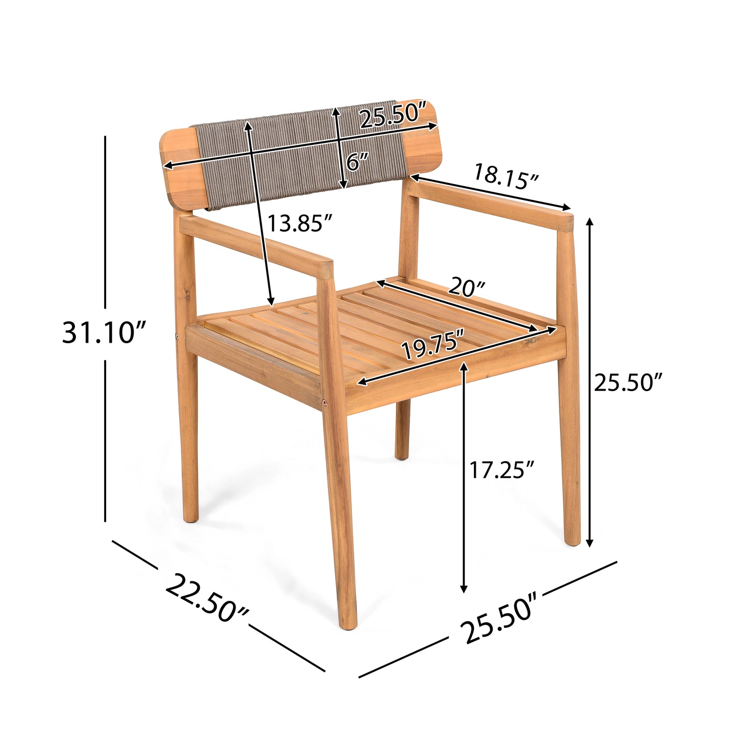 CREATIVE BRAIDED ACACIA WOOD OUTDOOR DINING CHAIRS WITH ARMRESTS,