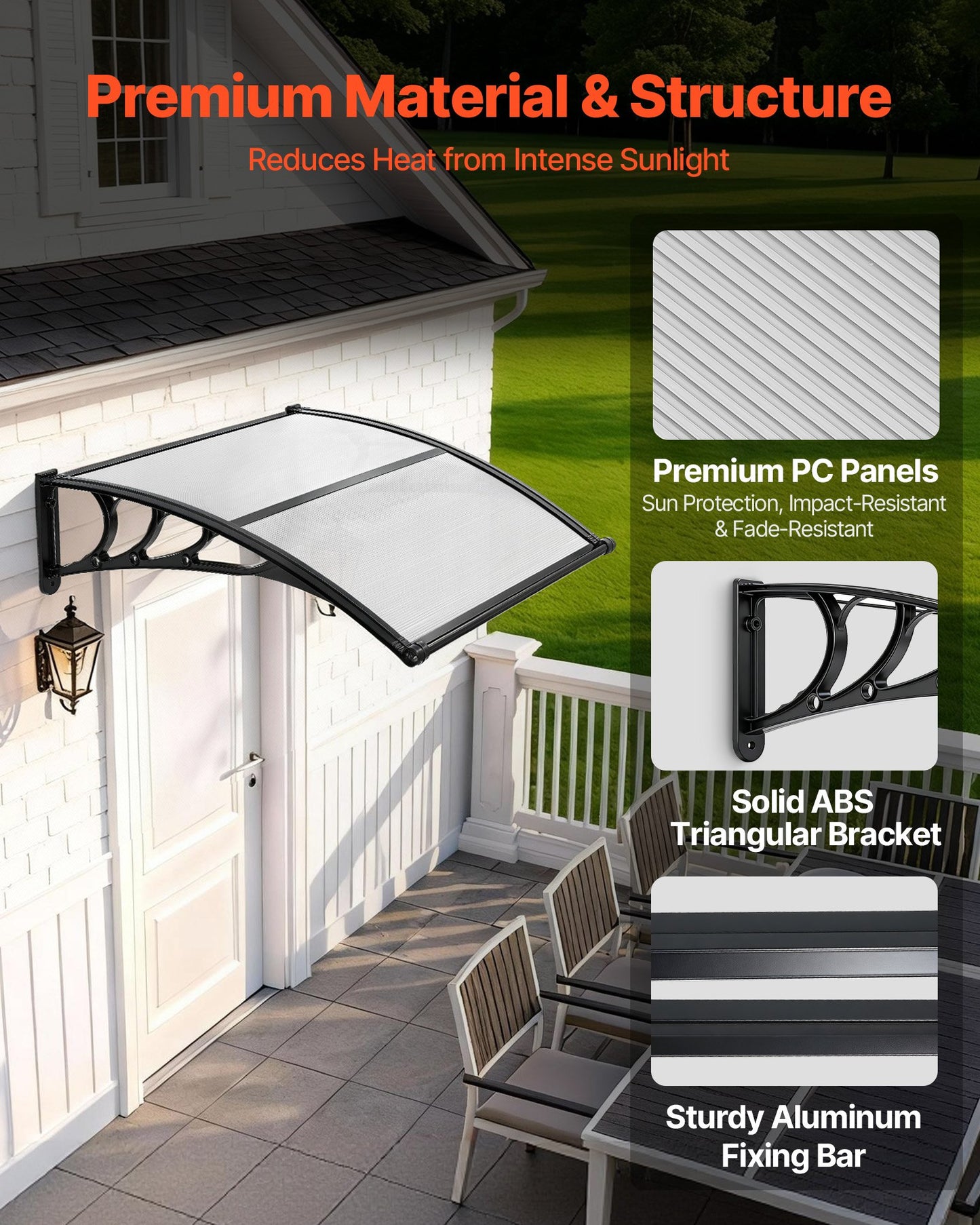 Clear Polycarbonate Door Awning 38x40 In with Drainage & ABS Brackets for Porch & Patio