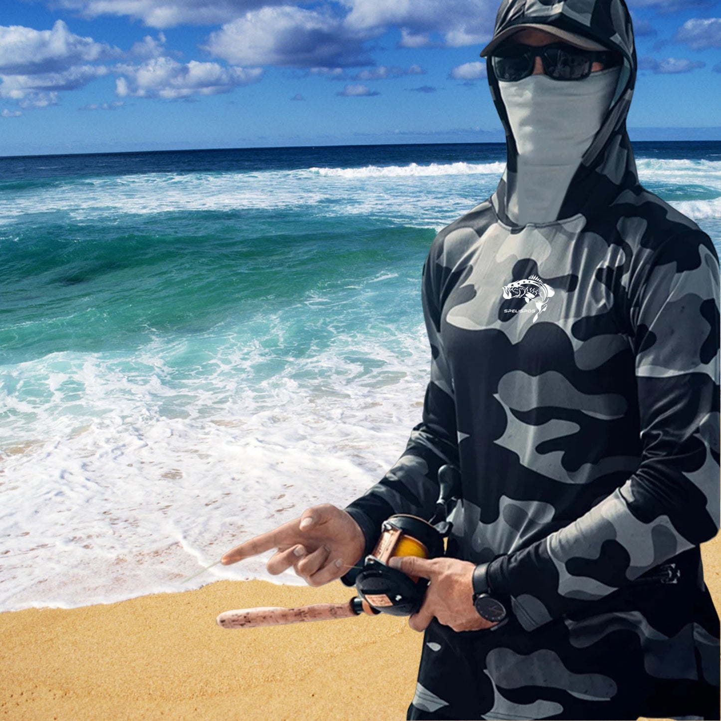 Men's Long Sleeve Fishing Hoodie with Face Mask - Sun Protection