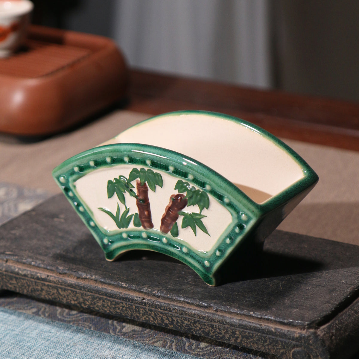 Ceramic Bonsai Flower Pot Fan-Shaped Hand-Painted Desktop Plant Container