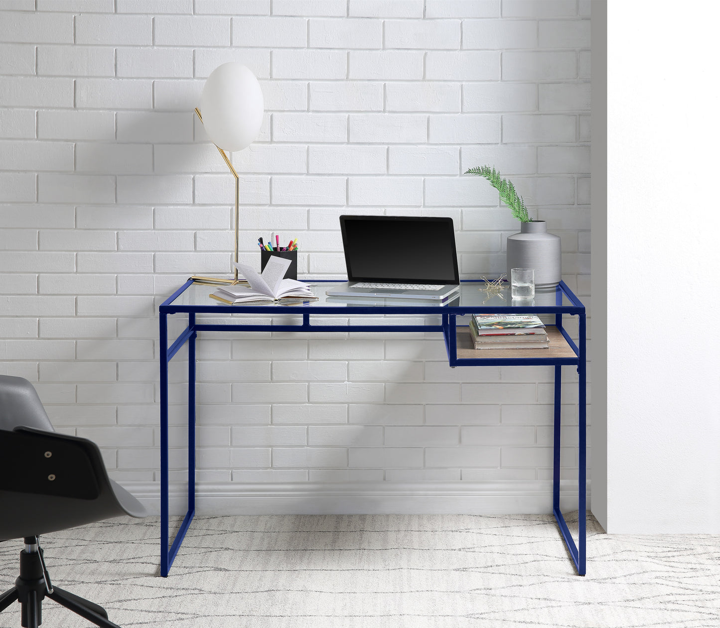 Modern Blue Glass Top Writing Desk with Metal Frame