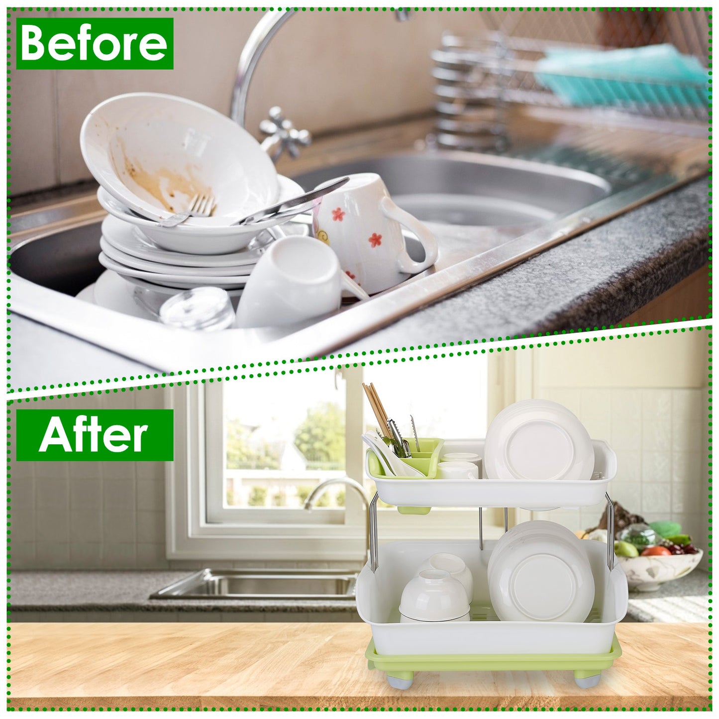 2-Tier Dish Drying Rack and Cutlery Drainer - Green & White