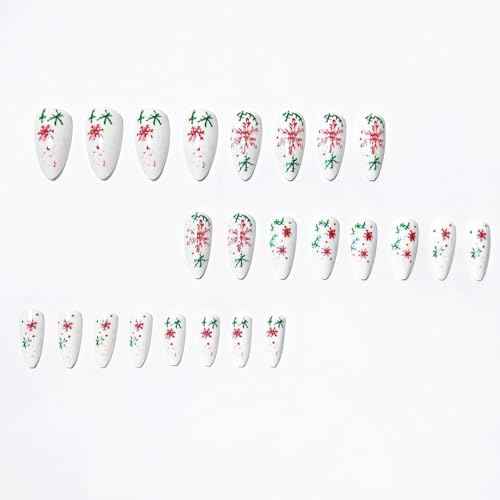 24Pcs Christmas Press on Nails Medium Almond Fake Nails with Christmas Holly Designs Winter Snowflake Acrylic Nails Xmas false nail kits Full Cover Snow Stick on Nails for Women New Year Party Decor