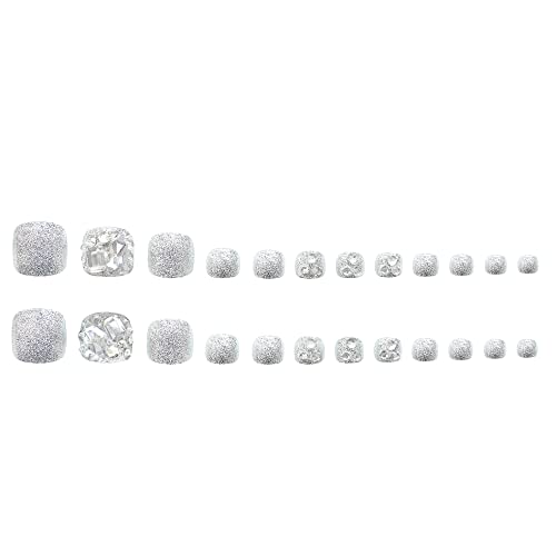 BABALAL Square Press on Toenails Short Fake Toenails and Fake Toenails with Nail Glue Sliver Glitter Glue on Nails 24pcs Acrylic Toenails with Diamond Designs False Toenails for Women and Girls