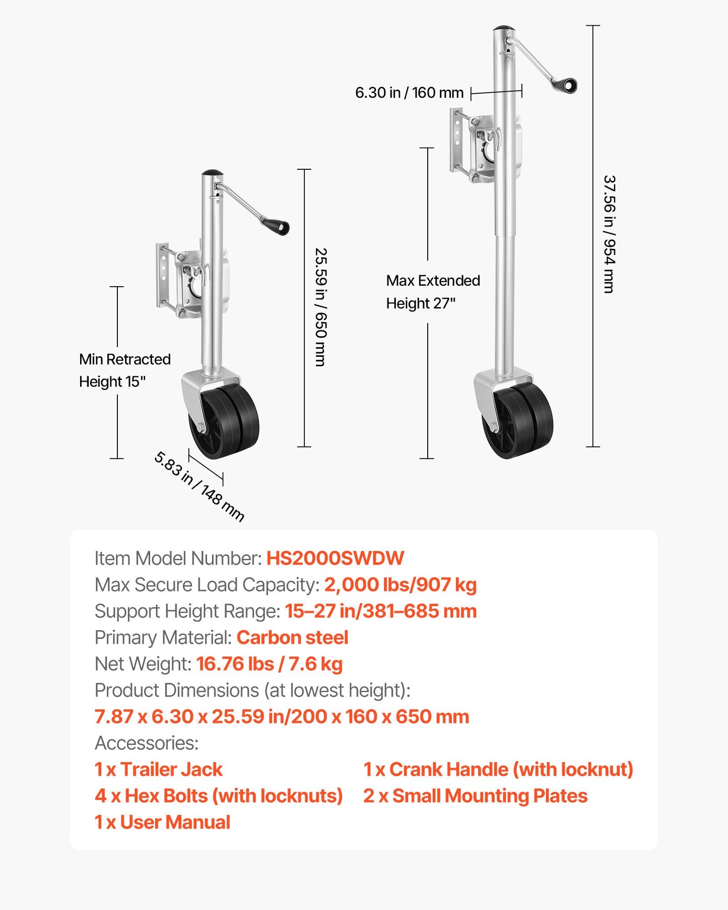 Heavy Duty Trailer Jack with Wheel – 2000 lb Capacity, 15-27 Inch Lift Range, Rust-Resistant, Fits RVs & Boat Trailers