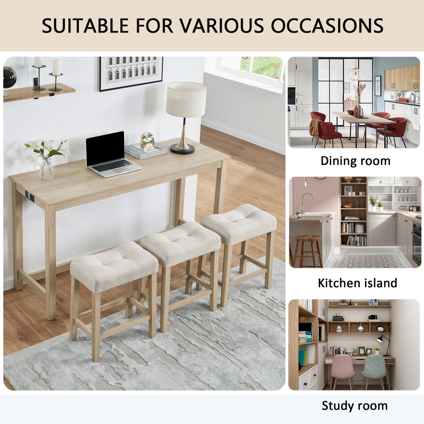 Bar Table Set with Power Outlet & 3 Stools - Light Oak