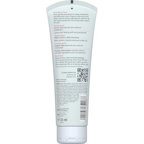 lavera Basis Sensitive Cleansing Milk - Facial Cleanser with Aloe Vera & Shea Butter for Soft Skin - Make Up Remover - Face Wash - PETA Certified - Vegan - Made in Germany - 4.3 Fl Oz
