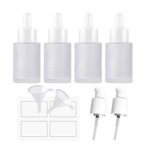 4 Pack Glass Dropper Bottles, Clear Frosted with 2 Funnels & 2 Lotion Pumps, 30 ml Essential Oil Bottles