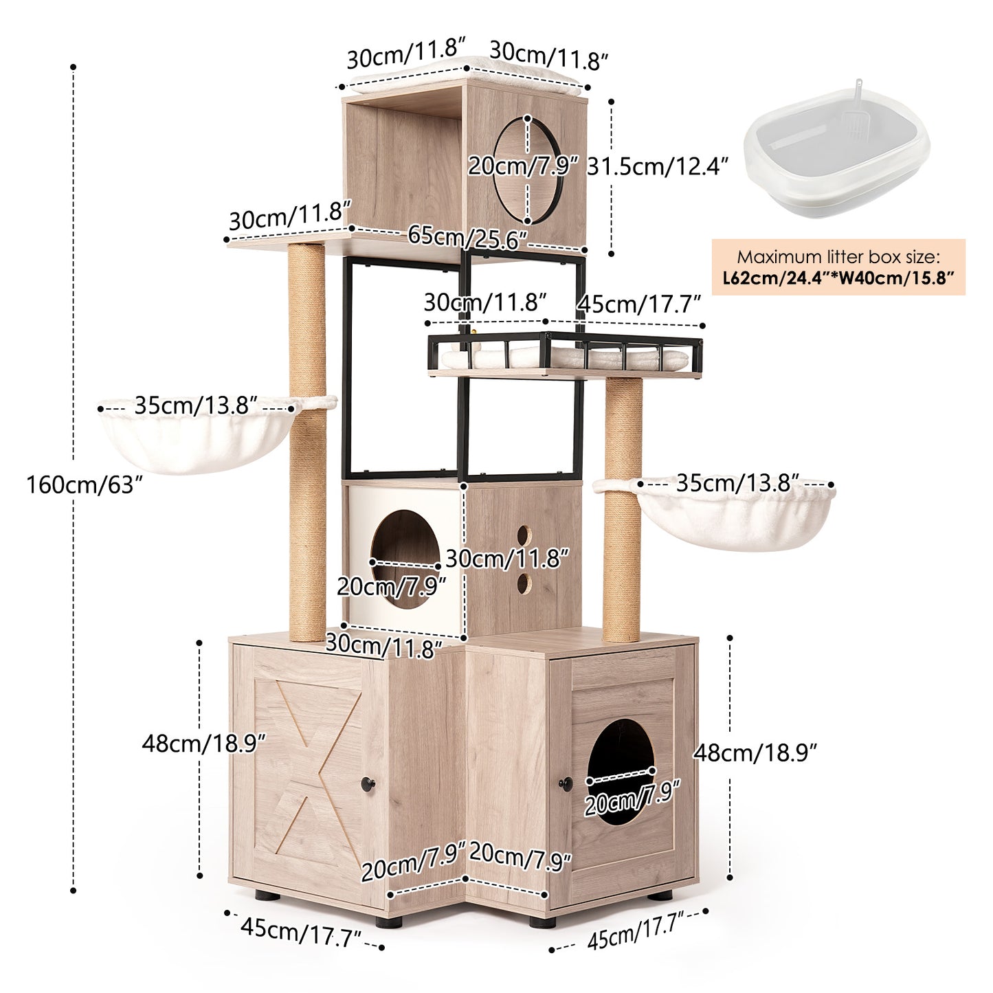 Multi-Functional Cat Tree with Litter Box, Scratching Posts & Washable Cushion - Rustic Gray