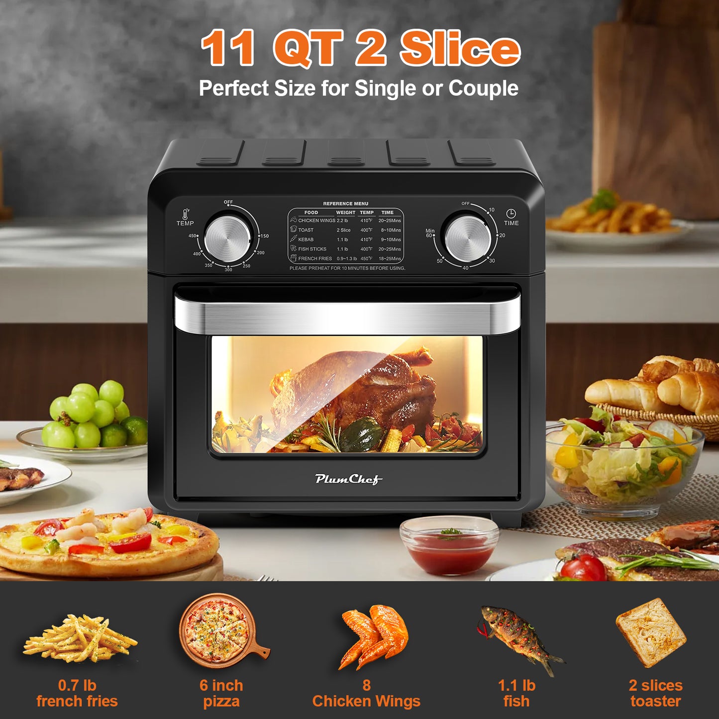 11QT Compact Air Fryer Toaster Oven - 1000W Countertop Kitchen Appliance, Black