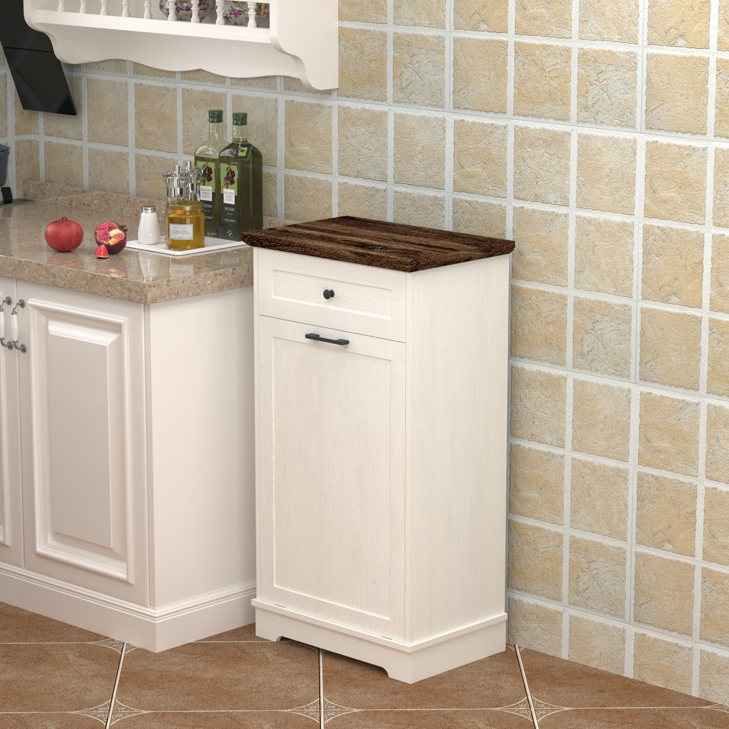 Tilt-Out Trash Cabinet - Freestanding Wood Recycling Bin with Drawer, Antique Brown & White