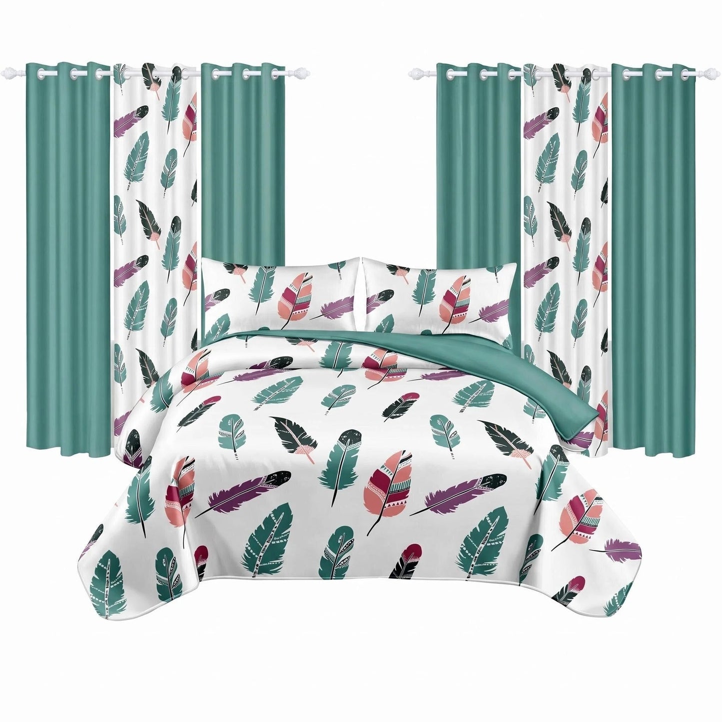9-Piece Boho Feather Print Quilt & Curtain Set with Customizable Panels