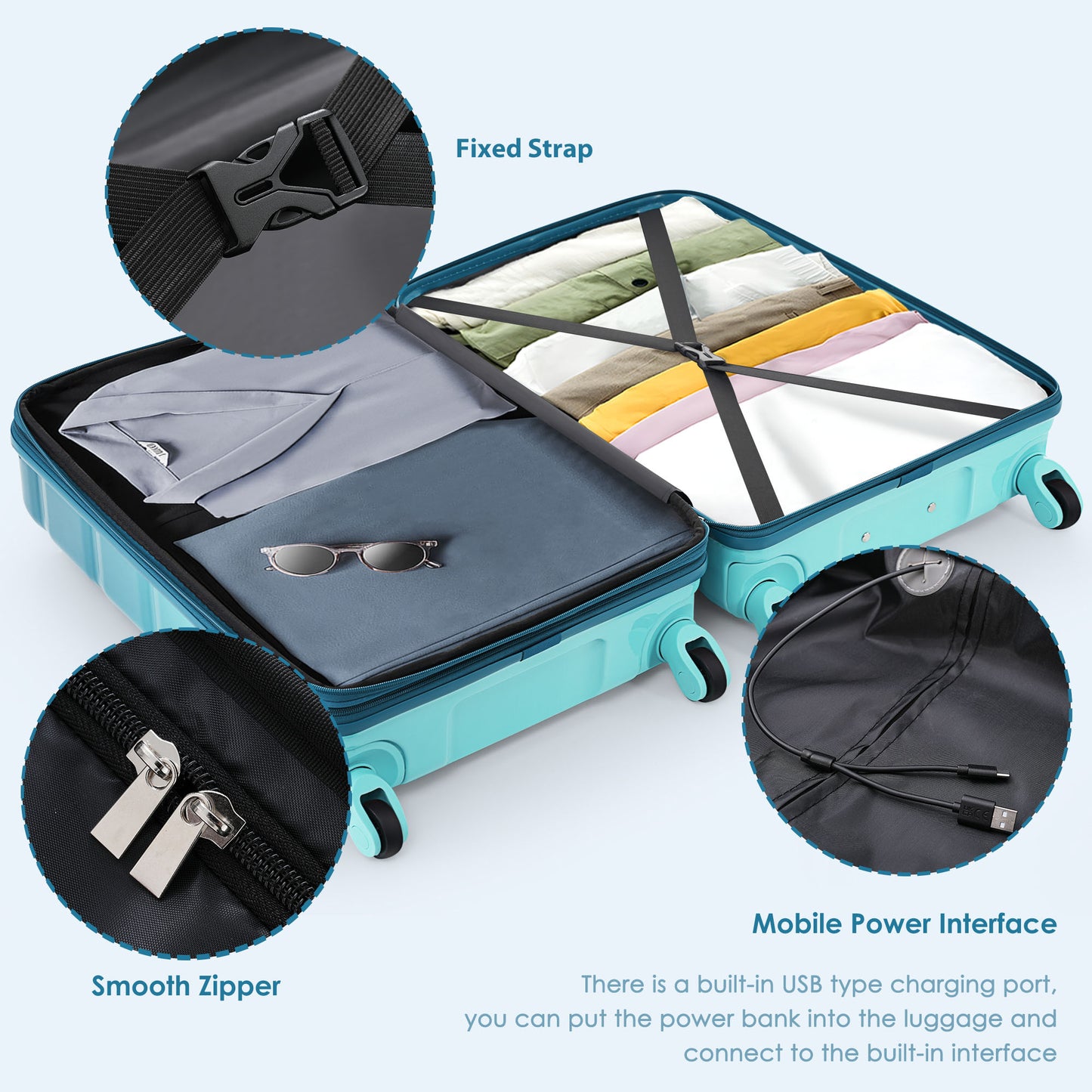 20-Inch Carry-On Luggage Set with USB Port - Blue