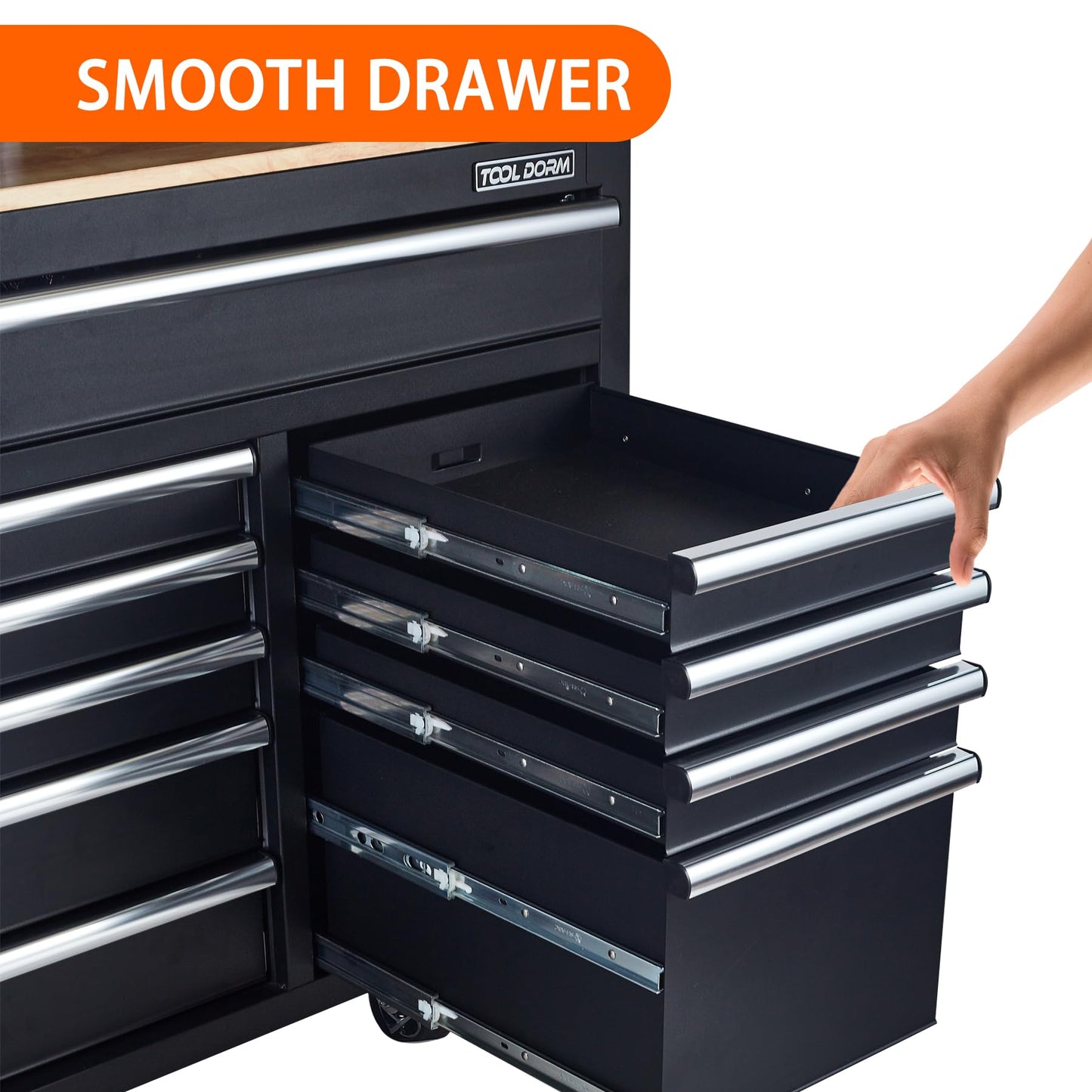 56-Inch 10-Drawer Steel Tool Cabinet with Locking Casters and Power Strip