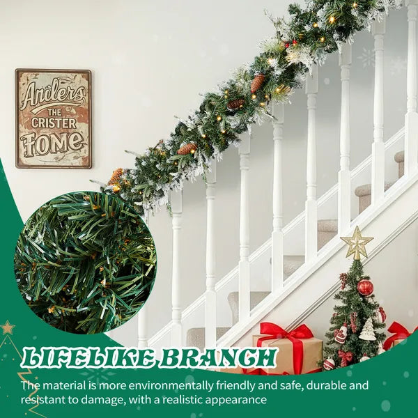 9FT Pre-Lit Snow Flocked Christmas Garland - 2 Pack with 200 Lights & Red Berries