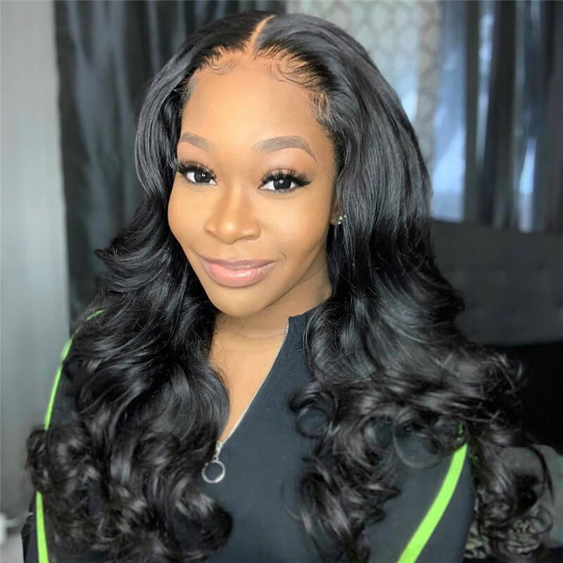 4x7 Lace Closure Human Hair Wig - 200% Density Body Wave Natural Black