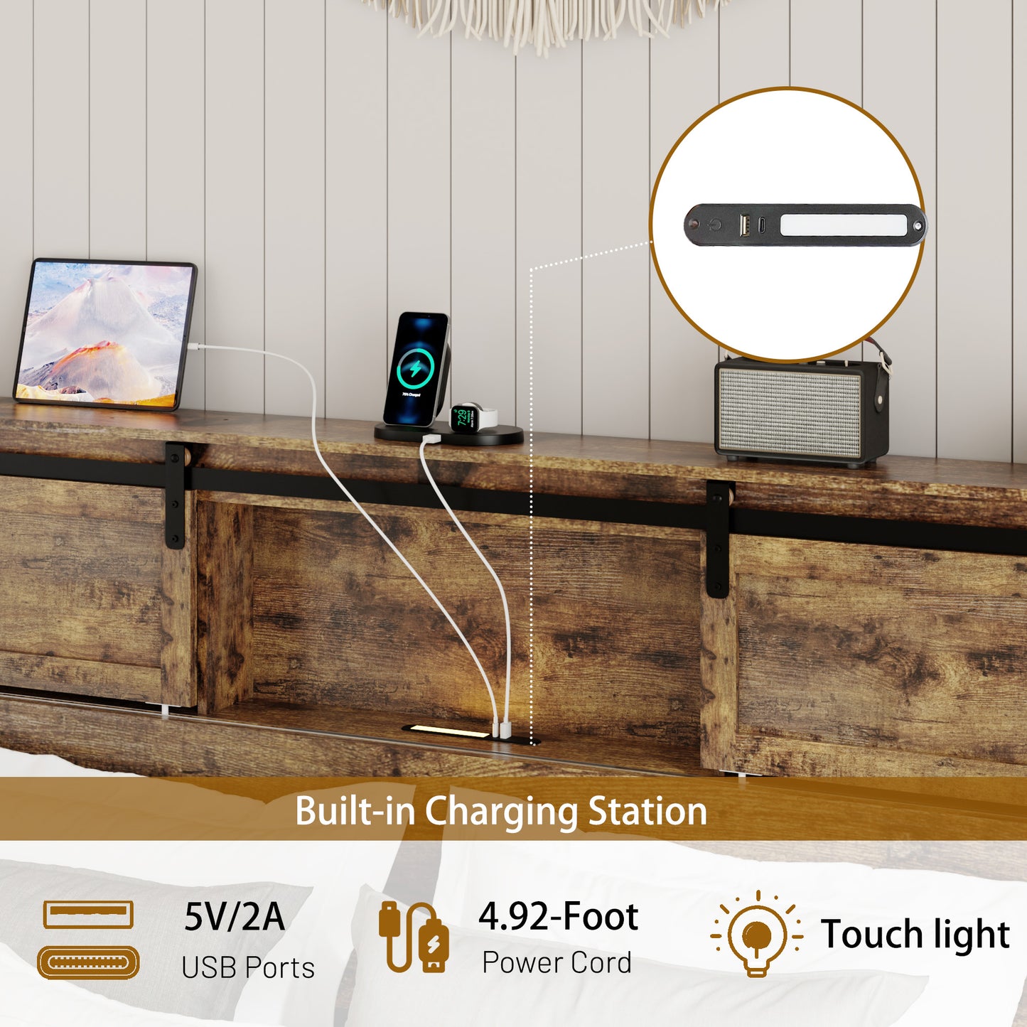 Queen Metal Platform Bed Frame with Charging Station - Dark Brown