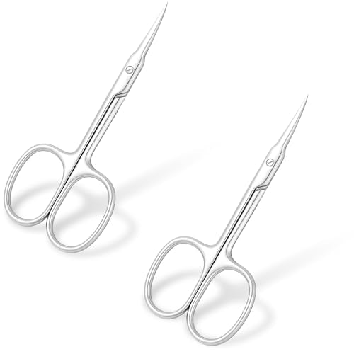 2 Pcs Cuticle Scissors, Stainless Steel Cuticle Scissors Extra Fine Curved Nail Scissor for Women & Men, Micro Serrated Manicure Scissor for Eyelash, Mustache, Eyebrow, Nose Hair, Toenail