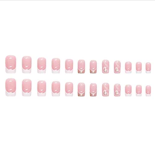 French Tip Press on Nails Medium LOVE Fake Nails Square Bling Glossy White False Nail Tips Artificial Finger Manicure for Women and Girls,24pcs